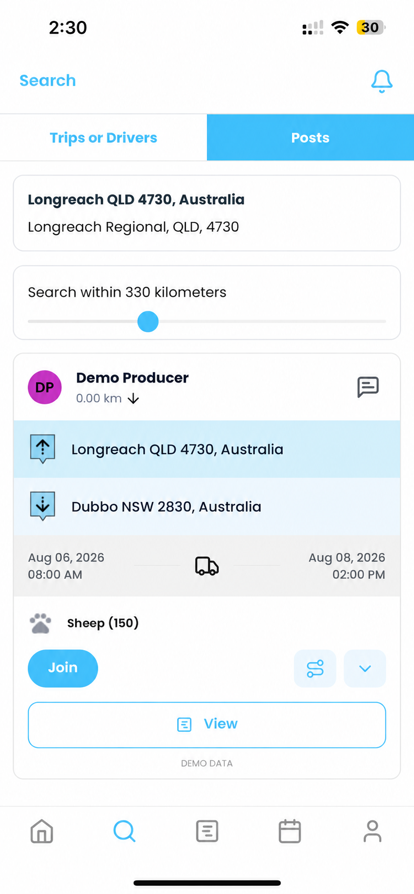 StockShift search screen showing a matching freight opportunity